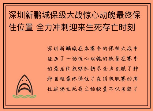 深圳新鹏城保级大战惊心动魄最终保住位置 全力冲刺迎来生死存亡时刻 深圳新鹏城保级大战惊心动魄最终保住位置 全力冲刺迎来生死存亡时刻